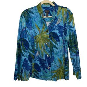 Chicos Additions Blue & Green Tropical Leaf Print Blazer Jacket US Size L
